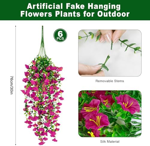6 Pcs Artificial Hanging Flowers 30 Inch Rose Red Deep Pink Morning Glory Vines UV Resistant Fake Hanging Plants Silk Hanging Flowers for Outdoor Spring Summer Garden Balcony Window Box Decor - Image 2