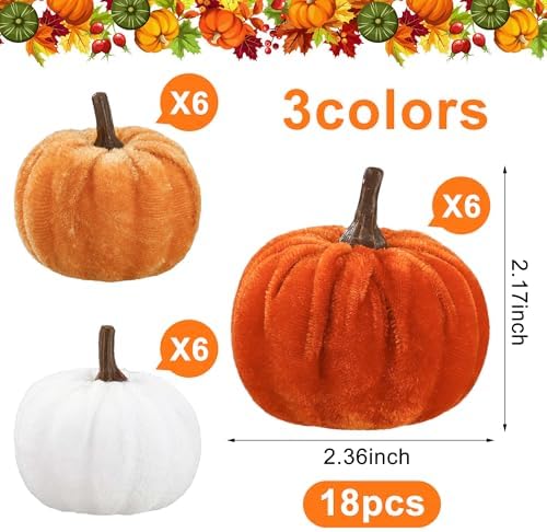 18 Pcs Fall Artificial Velvet Pumpkins Fake Fabric Pumpkin Faux Foam Pumpkins Orange Yellow White Artificial Pumpkin Decorations for Fall Harvest Thanksgiving Halloween Farmhouse Table Centerpiece - Image 2
