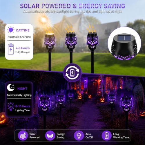 8 Pack Solar Halloween Lights Outdoor, Flickering Flame Skull Torches, Waterproof Purple Solar Lights for Yard, Spooky Skull Pathway Lights for Halloween Outdoor Decorations (Purple) - Image 7
