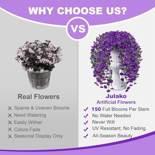 Artificial Hanging Flowers for Outdoors, 2 PCS 300 Blooms UV Resistant Morning Glory Faux Silk Vines, No-Odor Realistic Fake Plants for Garden Planter Porch Patio Decoration, Purple - Image 4