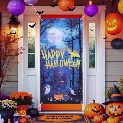 Halloween Door Decorations Horror Moon Night Banner for Front Door Porch Outdoor Decor Window Wall by BULLSPANN