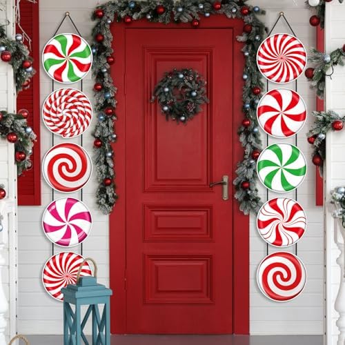 Yaomiao 2 Sets Christmas Candy Porch Sign Xmas Colorful Peppermint Candy Door Banner Home Hanging Decor Outdoor Indoor Banner Wall Hanging for Christmas Party Supplies - Image 6