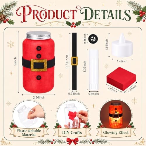 Qinyoung 12 Pcs Santa Belt Crafts Mason Jars Tissue Paper Crafts with LED Candle Light DIY Suncatchers Decoration Make Your Own Christmas Glittering Santa Jars Supply for Winter Xmas Home Art Activity - Image 2