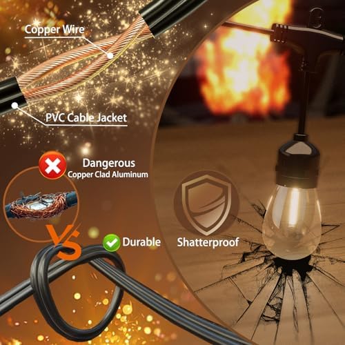 Outdoor String Lights 48FT, Commercial Grade Patio Lights with 16 (15+1) S14 Shatterproof Bulbs for Bistros Backyard Porch Party, IP65 Waterproof 2700K Warm White - Image 3