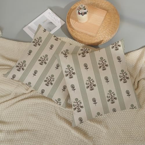 Sage Green Brown Pillow Covers 18x18 Inch Set of 2 Vintage Block Print Floral Throw Pillows Striped Flower Boho Decorative Pillow Cases Linen Outdoor Accent Linen Cushion Cover for Couch Sofa Bed - Image 6