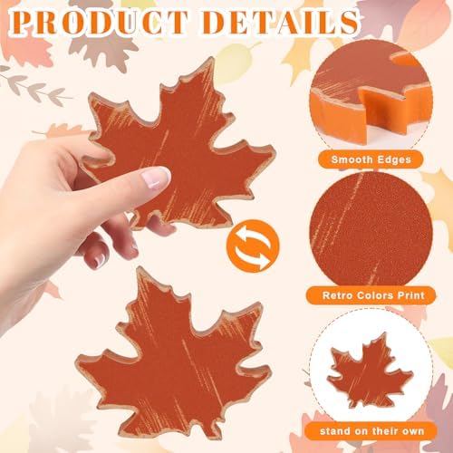 COCHIE Wooden Fall Leaves Decorations for Home Office Indoor, Farmhouse Thanksgiving Table Tiered Tray Decor Set of 6, Vintage Fall Harvest Maple Leaf Block Signs Tabletop Shelf Decoration (Retro) - Image 3
