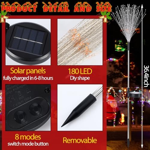 Tujoe 6 Pcs Christmas in July Solar Firework Stake Lights 180 LED 8 Modes - Image 2