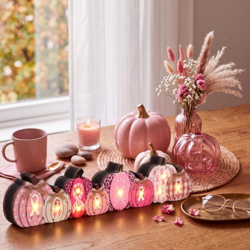 Yousoontic Breast Cancer Awareness Table Decorations, Light up 3D Wooden Pumpkin Table Centerpiece, LED Pink Ribbon Pumpkin Decor, Rustic Farmhouse Sign for Pink October Fall Mantel Desk Home Party - Image 3