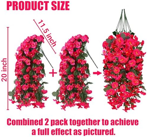 Sggvecsy Artificial Fake Hanging Flowers Plants for Outdoor Outside Spring Summer Decoration 4PCS Faux Silk UV Resistant Realistic Morning Glory Trailing Vines for Home Porch Patio Balcony(Rose red) - Image 2