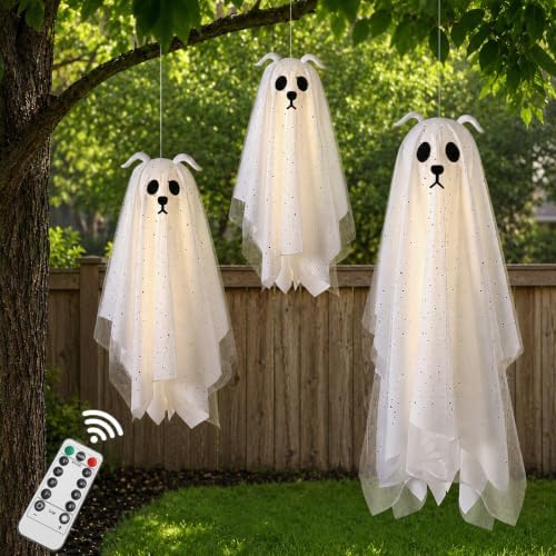 Halloween Decorations Outdoor, 3 Pack Lighted Dog Ghost Hanging Decor by Zesua