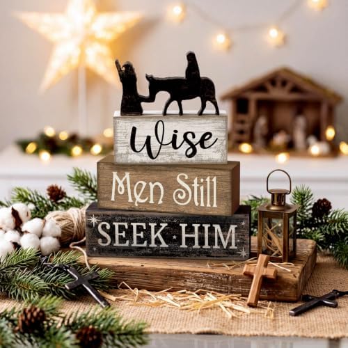 Lineshading 4 Pcs Christmas Nativity Wooden Blocks Wise Men Table Decor - Image 2