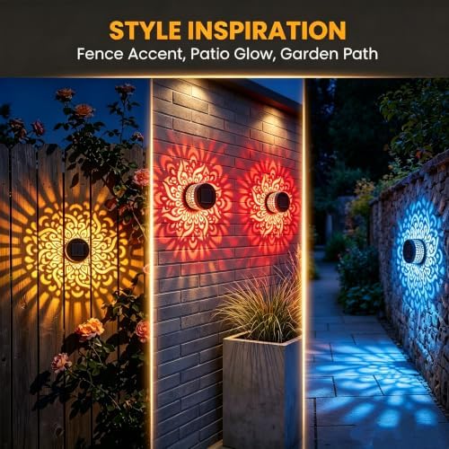 Solar Mandala Outdoor Wall Lights, 4 Pack 7 Color Changing Metal Fence Lanterns, Waterproof Solar Powered Deck Step Stair Lights for Garden Patio Yard Landscape Decor - Image 3
