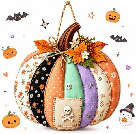 Autumn Retro Patchwork Pumpkin Door Hanging with Lights ，A by Vioshon