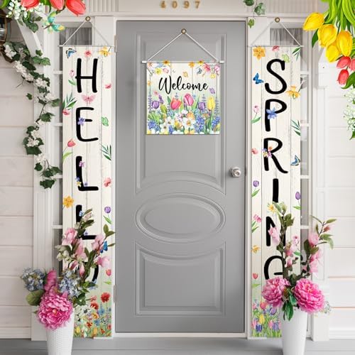 VitalCozy 3pcs Hello Spring Floral Porch Banner Welcome door Hanging Banner Colorful Floral Butterflies Porch Sign Decorations for Yard Indoor Outdoor Decorations - Image 6