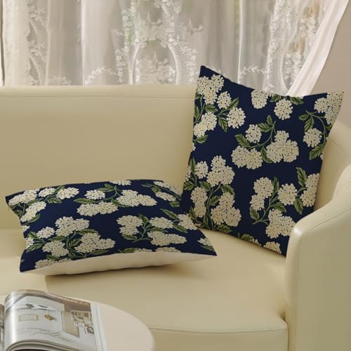 Navy Blue Spring Pillow Covers 22x22 Inch 2 Pcs Green Yellow Hydrangea Flower Decor Throw Pillows Vintage Floral Seasonal Summer Outdoor Decoration Pillowcase Linen Cushion Cover for Couch Sofa - Image 4