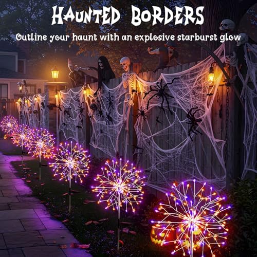suddus Solar Halloween Lights Outdoor Solar Powered, Upgrade 2-Pack Orange & Purple Solar Firework Lights, Waterproof Garden Light for Yard Pathway Patio Flowerbed Halloween Decorations - Image 6