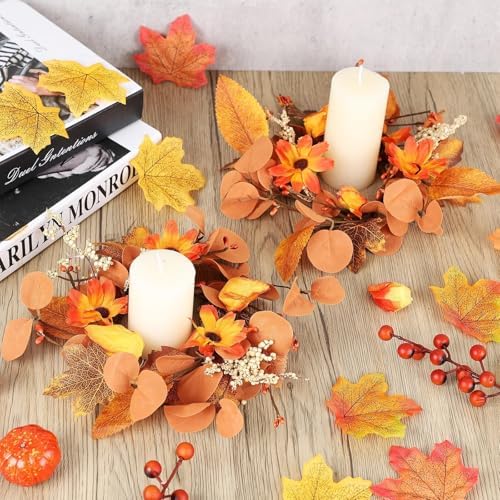 Fall Mini Wreath Set, 6 Pcs Artificial Autumn Small Wreaths with Burlap Bow Sunflower Maple Leaf Eucalyptus, Thanksgiving Harvest Hanging Wreath for Front Door Cabinet Window Home Decor - Image 3
