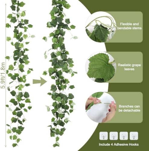 RECUTMS 2Pcs Artificial Grape Leaves Ivy Vine 5.9Ft Silk Green Leaf Garland - Image 5