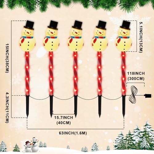 LAMPHOME Christmas Pathway Lights Outdoor, Set of 5 Snowmans Christmas Decorations Outdoor Yard, 15inch Pathway Marker Stake Lights for Patio Ground Path Sidewalk Walkway Driveway - Image 3