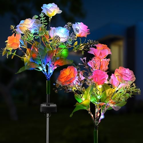 TANSOREN 2 Pack Solar Garden Lights Outdoor, Colorful LED Waterproof Solar Powered Rose Flowers Landscape Lights for Outside Yard, Patio, Pathway Decorative, Décor, Gifts, Two Lighting Modes by TANSOREN
