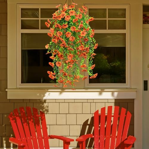 LikSoor 4 Pcs Artificial Outdoor Hanging Plants Fall Decoration UV Resistant Faux Silk Flowers for Outside, Garden, Porch, Window, Home Decor(Orange) - Image 3
