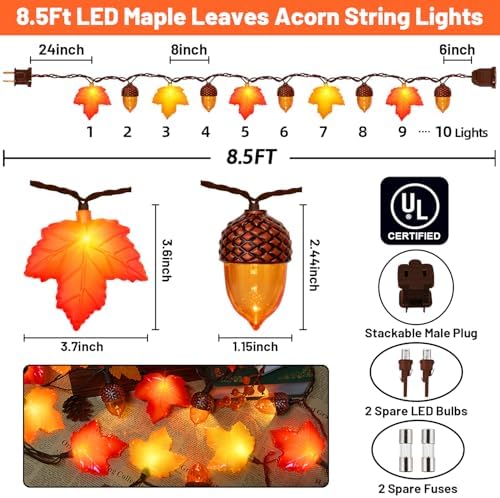 Fall Thanksgiving Decor - 8.5Ft LED Fall String Lights Plug in Orange Yellow Leaves Acorn Lights String, 10LED Acorn Leaf String Lights, Ideal Fall Thanksgiving Harvest Decorations for Home, 0.07W - Image 4