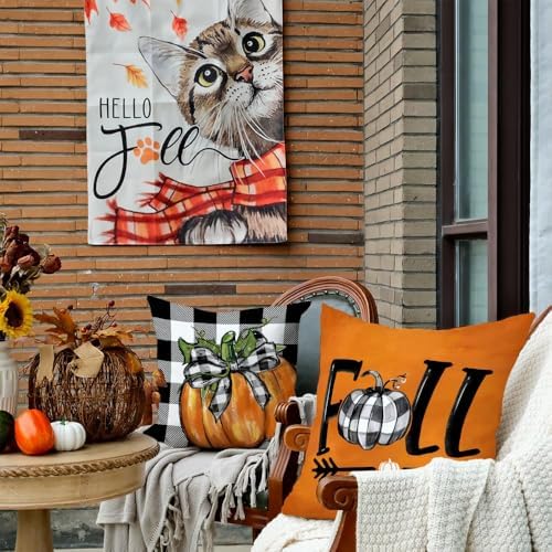 GEEORY Fall Decorative Throw Pillow Covers 20 x 20 Inch Set of 4, Pumpkins Thankful Blessed Buffalo Plaid Fall Decor Outdoor Farmhouse Pillow Cases for Home Couch (Orange Color) G337-20 - Image 3