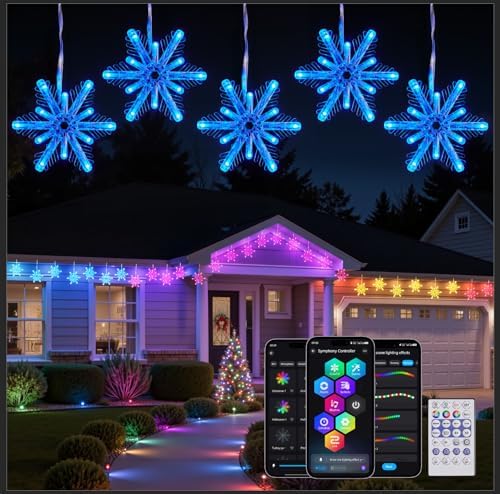 Brightown Smart Christmas Snowflake Lights, 12ft 96LED with 8 Drops Outdoor Icicle Lights with APP Control & Music Sync, Waterproof Connectable, 80+ Scene Modes for Roof, Window, Yard, Patio by Brightown
