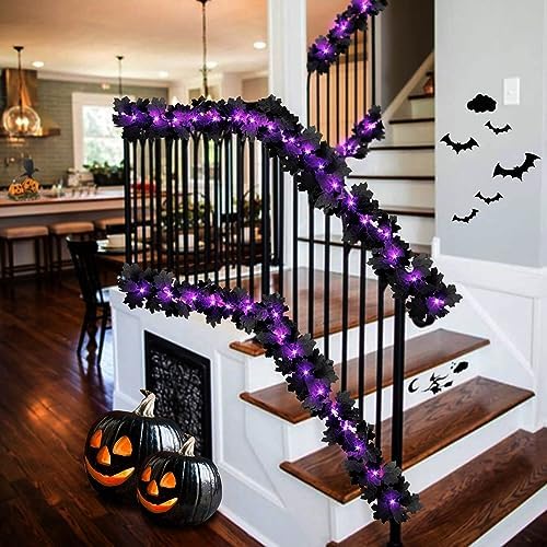 Halloween Black Leaf Garland with Purple Lights, 2 Pack - Image 5