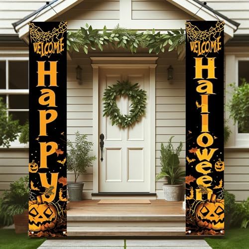 2PCS Happy Halloween Porch Banners 71 x 12 Inch Vertical Welcome Door Signs with Pumpkins and Bats Halloween Party Decorations for Front Door Outdoor Yard Entryway Spooky Wall Hanging Decor - Image 3