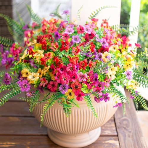 HyeFlora Artificial Faux Outdoor Flowers Plants for Summer Outside Decoration, 14 Bundles Fake Silk Colorful Daisy Ferns UV Resistant Realistic for Front Door Porch Planter Patio Yard - Image 3