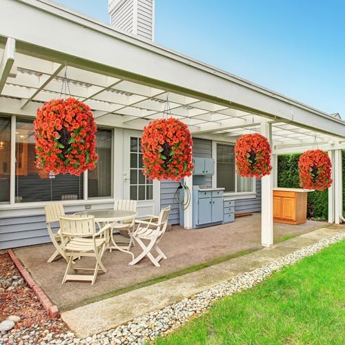 HyeFlora Artificial Fake Hanging Flowers Plants for Outdoor Outside Spring Decor, 2PCS Faux Silk Orange Morning Glory Trailing Vines UV Resistant Look Real for Home Planter Porch Patio - Image 2