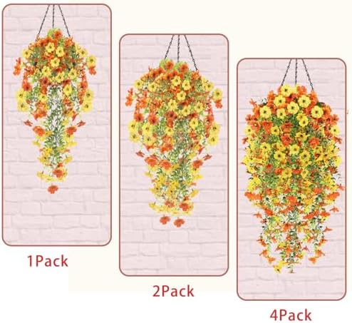 4PCS Artificial Hanging Flowers for Outdoors Summer Decoration, Upgrade UV Resistant Faux Silk Hanging Plants for Outside Home Planter Porch Patio Decor (Orange&Yellow) - Image 6
