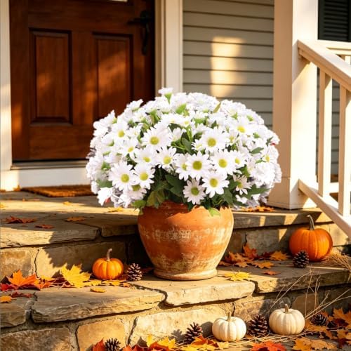 8 Bundles Artificial Daisy Flowers for Outdoors, UV Resistant Faux Daisy Mums for Outdoor Planters, Front Porch, Patio, Yard, Garden, Window Box Spring Summer Fall Decor, White by BCBLF