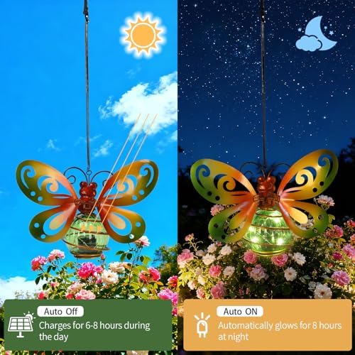 2 Pack Butterfly Garden Decor with Bouncy Springs Pendant Lights Birthday Gifts for Women Mom,Hanging Solar Lights Outside Waterproof Metal Solar Outdoor Decoration for Yard, Porch,Patio,Backyard - Image 3