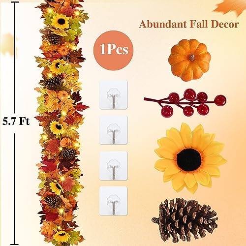 Waipfaru Fall Garland with Lights - 5.7 Ft Lighted Autumn Sunflower Garland - Image 2