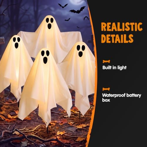 JOYIN 5 Packs Halloween Solar Ghost Lights Outdoor Decorations, Yard Stake Spooky Decorations Ghosts, Warm White Solar Powered Lights with Arms for Yard, Garden Pathway, Porch & Haunted House Decor - Image 3
