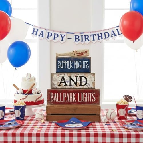 Lineshading 4 Pcs Baseball Wooden Blocks Sign with Bat, Blue White Red - Image 5