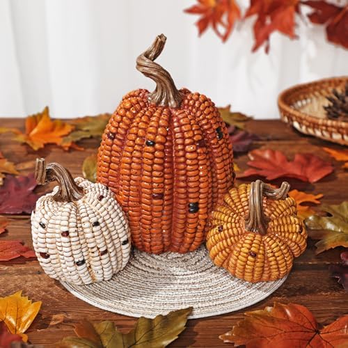 Briful Fall Decorative Corn Pumpkin Set – 3-in-1 Resin Pumpkins Harvest Décor Fake Corn Pumpkins Centerpiece for Thanksgiving Table Tiered Tray Outdoor Autumn Decorations - Image 4