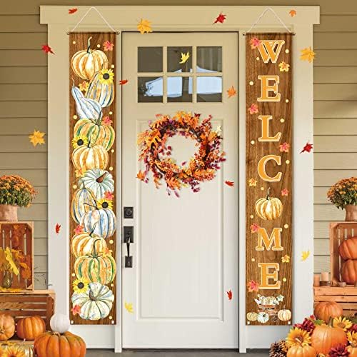 Allenjoy Welcome Fall Porch Decorations Door Hanging Banners Set Thankful Autumn Harvest Season Pumpkin Maple Leaves Rustic Brown Wood Home Wall Outdoor Indoor Polyester 11.8x70.9 Inch Yard Sign 2PCS by Allenjoy