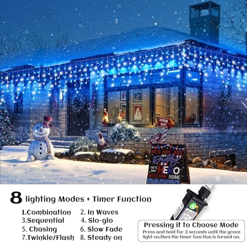 99ft Icicle Lights for Outside, Blue and White Christmas Lights Outdoor Indoor, 1216 LED Twinkle String Light with 228 Drops Curtain Light for Thanksgiving Room Home Wall Bedroom Window Decoration - Image 5
