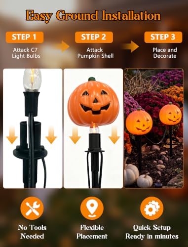 Halloween Pumpkin Pathway Markers Lights Outdoor, 7Ft Connectable C7 Halloween Decorations Pathway String Lights with 4 Pumpkin Stakes Lights for Outdoor Garden Walkway Yard Driveway Lawn Party Decor - Image 3