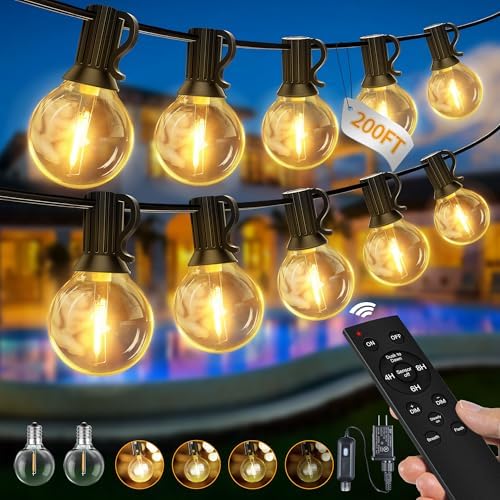 Ollny Outdoor String Lights with Remote, 200FT Plug in Patio Lights with Timer & 72 Shatterproof G40 Edison Bulbs, Waterproof Dimmable Outdoor Hanging Light for Porch, Backyard, Garden, 24V 2700K by Ollny