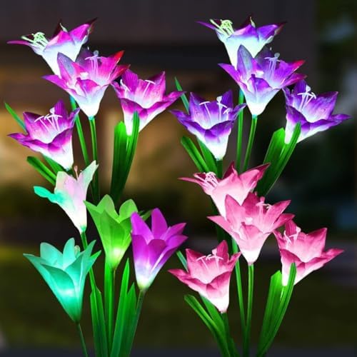 SOLARBABY Solar Lights Outdoor - Lily Flower Solar Garden Lights, 4 Pack Lights Outdoor Waterproof Multicolor Changing LED Flower with Bigger Lily for Patio Yard Pathway Balcony Outdoor Décor by SOLARBABY