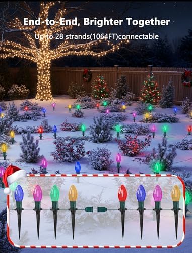 38FT Multicolor LED Christmas Pathway Lights, 25 Multicolor Extendable Weatherproof Christmas Walkway Lights with C9 LED Bulbs and Stakes for Outdoor Lawn Patio Yard Decorations - Image 5
