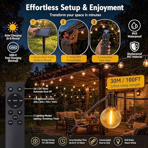 100FT Solar String Lights Outdoor Waterproof, G40 Patio Lights Shatterproof Bulbs with Remote Control, Dimmable Timer 3 Lighting Modes for Porch, Yard, Backyard, Garden, Camping Decor - Image 2
