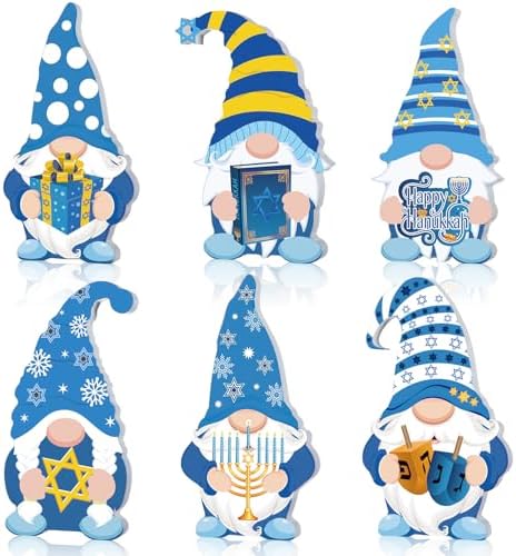 Tradder 6 Pieces Hanukkah Gnomes Decorations Wooden Chanukah Gnomes Signs Table Centerpieces Jewish Wood Blocks Gifts Ornaments for Holiday Party Supplies Home Tiered Tray by Tradder