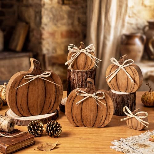 Gerrii 5 Pcs Fall Pumpkin Decor, Rustic Wooden Table Centerpieces, Classic - Image 3