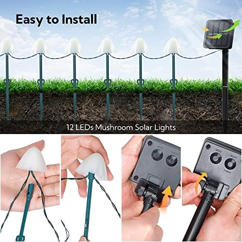 Solar Garden Lights, 12 LED 14.5ft Mini Mushroom Solar Lights Outdoor Waterproof, 2 Modes Lighted Mushroom Shaped Pathway Light for Patio Yard Garden Christmas Fall Decoration（Warm White） - Image 5