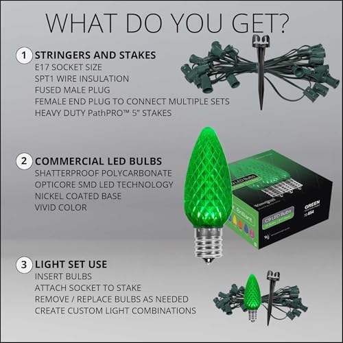 Wintergreen Lighting 25’ OptiCore LED Green Pathway Christmas Lights, C9 Outdoor Christmas Lights, 4.5” Stakes, Green Wire Plug String Lights - Image 6